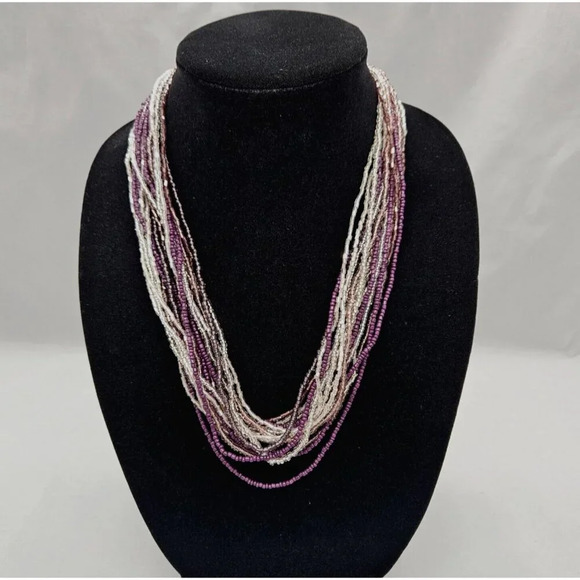 Cookie Lee Necklace Purple Silver Tone Beads Multi Strand 22 inch Jewelry - Picture 1 of 10
